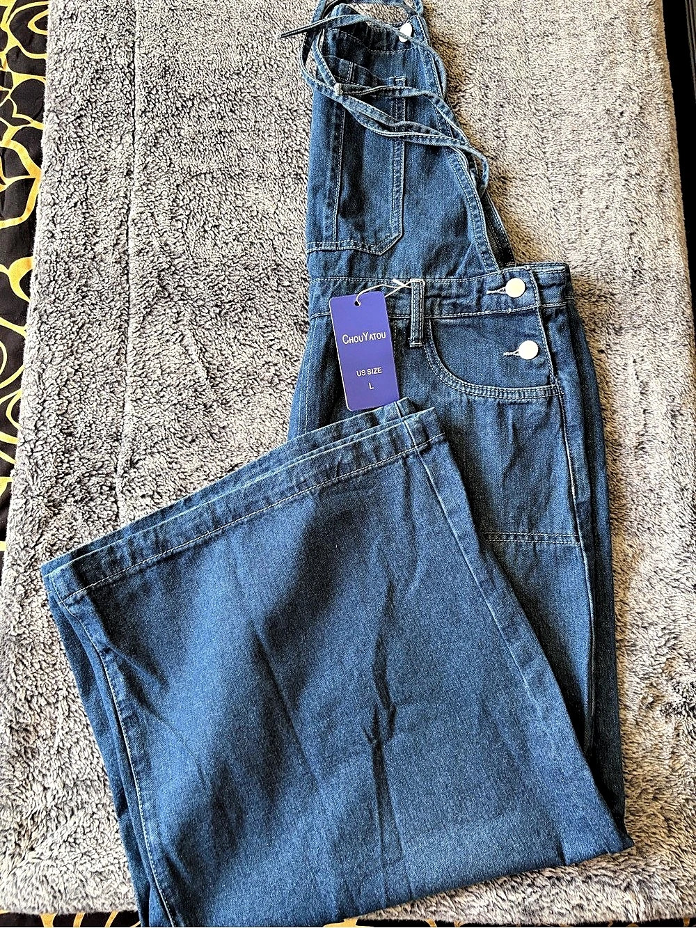 ChouYitou Wide Leg Denim Overalls in Blue Size Large NWT